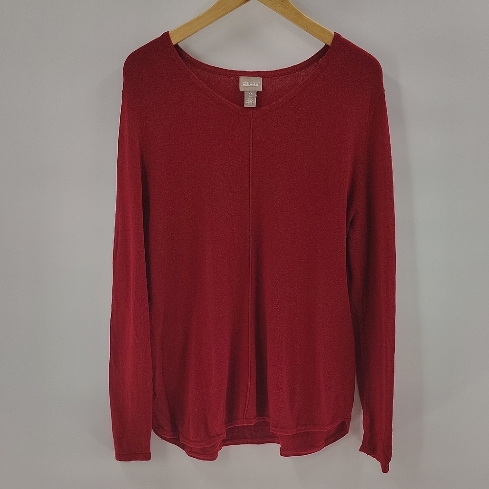Chico's Sweater Size Large Red Middle Seam Long Sleevevl V Neck  Chico's Size 2